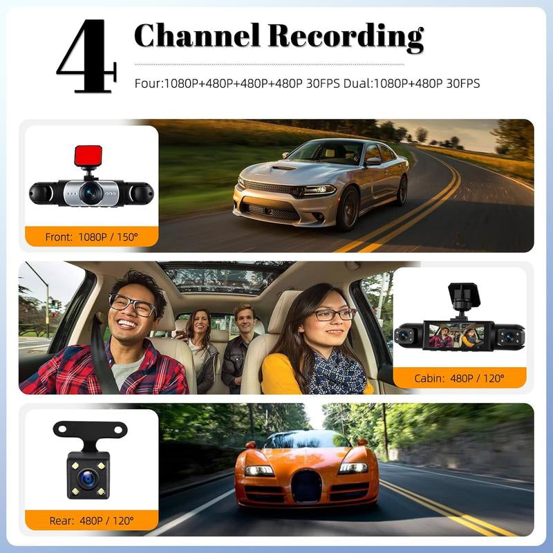 LASATE Full HD Four-Channel Dash Cam-1080P Car DVR with 256GB Memory Card