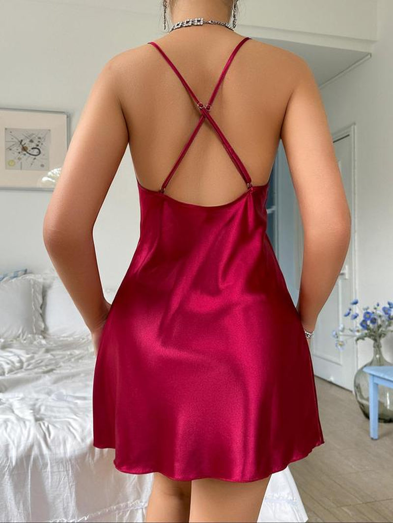 Women'S Contrast Floral Lace Criss Cross Backless Satin Cami Nightdress