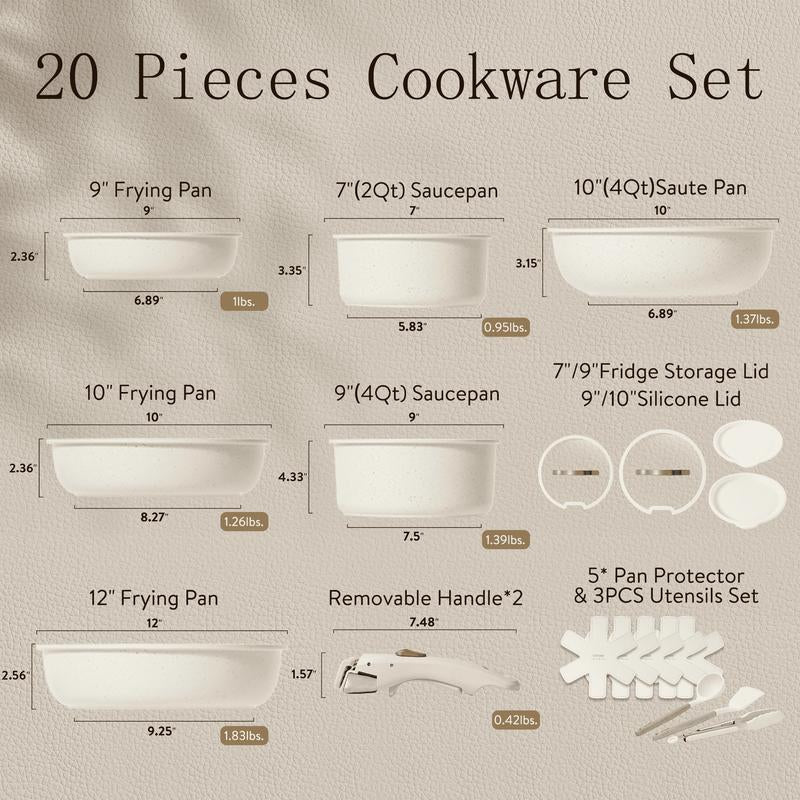 CAROTE 19/20Pcs Detachable Handle Pots and Pans Set