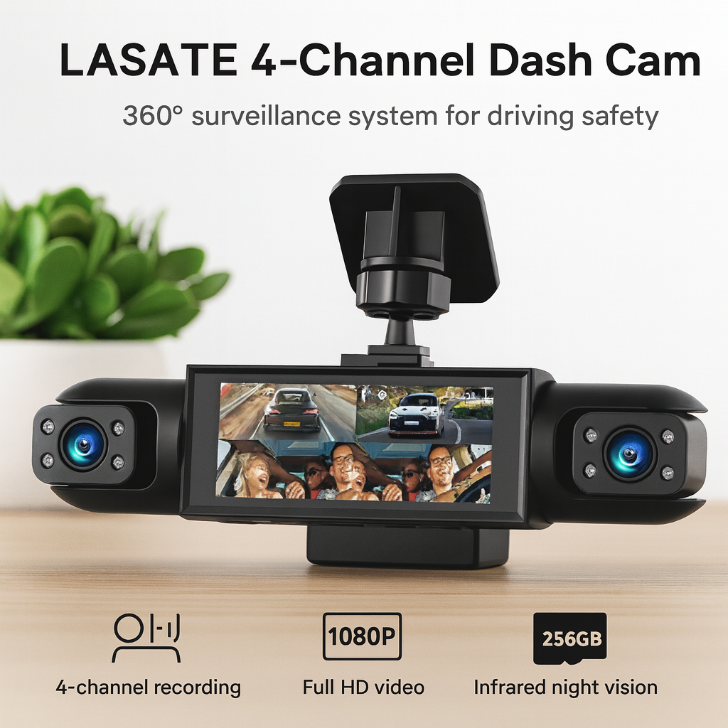 LASATE Full HD Four-Channel Dash Cam-1080P Car DVR with 256GB Memory Card