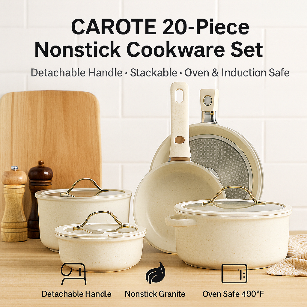 CAROTE 19/20Pcs Detachable Handle Pots and Pans Set