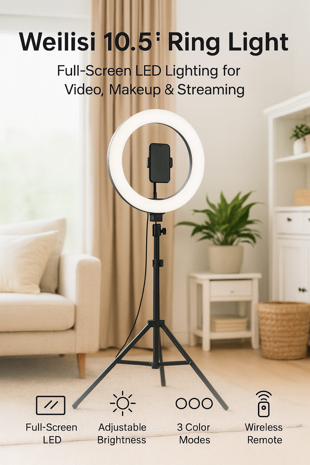 Weilisi 10.5" Ring Light with 69" Tripod Stand and Phone Holder Kit