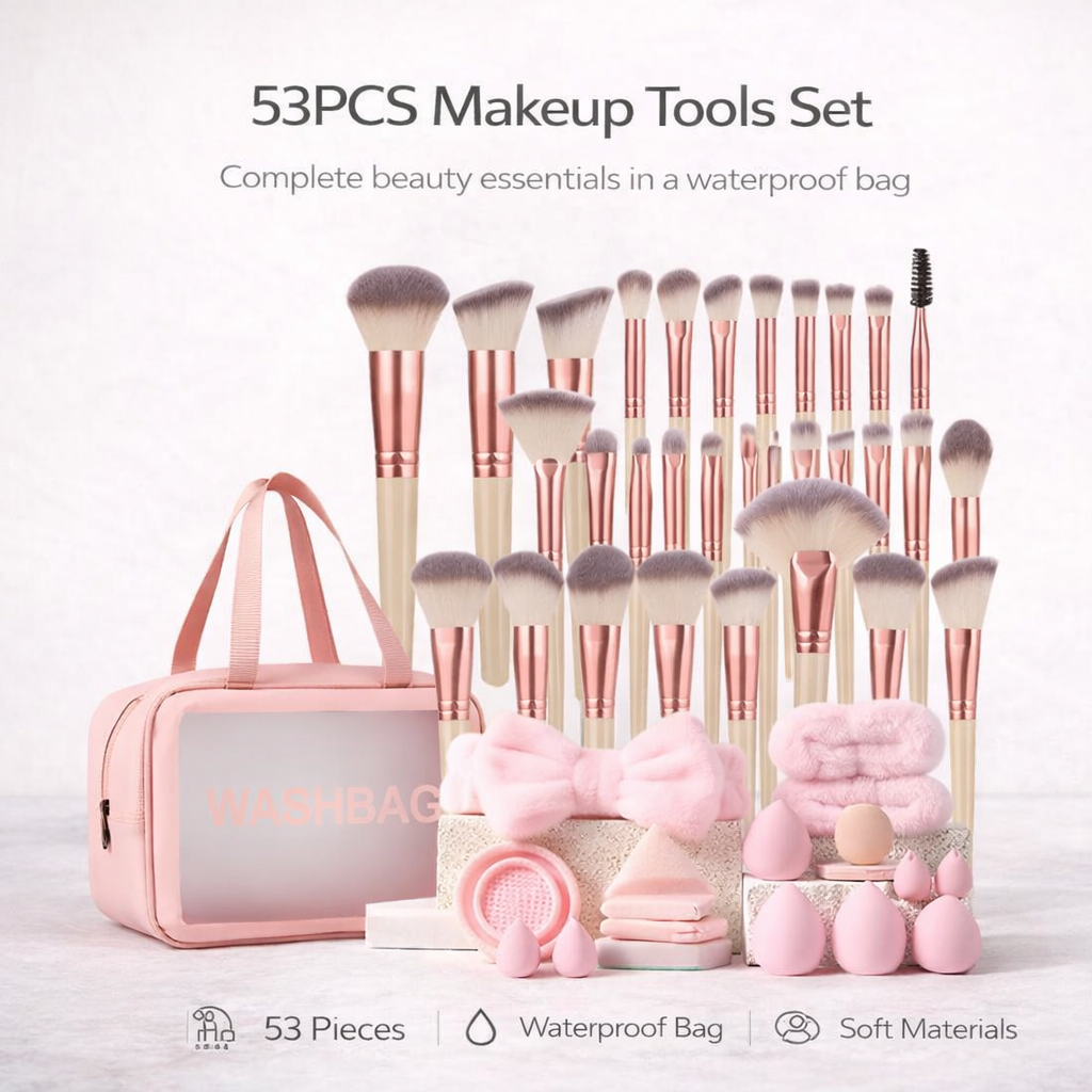 53PCS Makeup Tools Set, Waterproof Zipper Cosmetic Bag