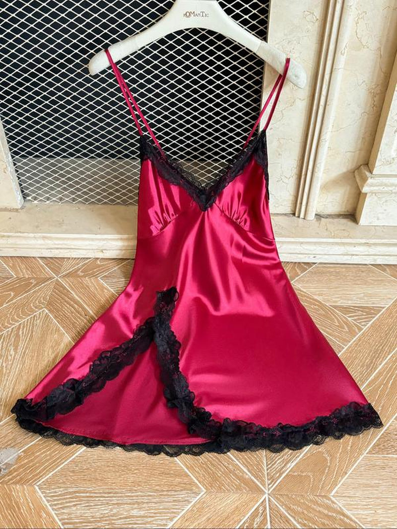 Women'S Contrast Lace Split Thigh Satin Cami Nightdress, Bride'S Nightgown, Elegant Criss Cross Backless Nightgown, Women'S Summer Sleepwear, Summer Outfits 2024, National Day Offers