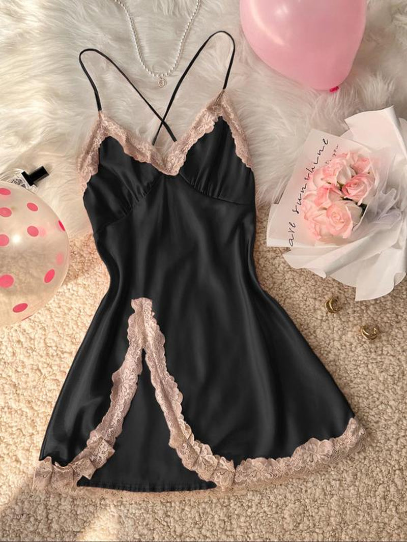 Women'S Contrast Lace Split Thigh Satin Cami Nightdress, Bride'S Nightgown, Elegant Criss Cross Backless Nightgown, Women'S Summer Sleepwear, Summer Outfits 2024, National Day Offers