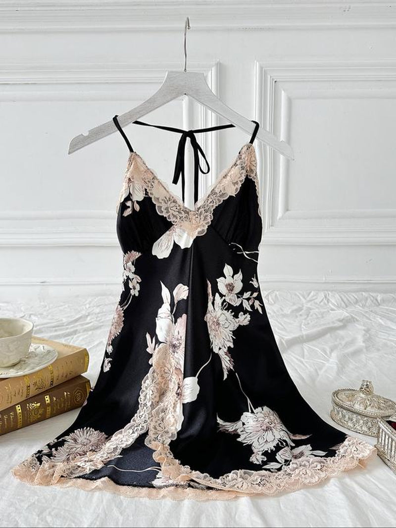 Women'S Contrast Lace Split Thigh Satin Cami Nightdress, Bride'S Nightgown, Elegant Criss Cross Backless Nightgown, Women'S Summer Sleepwear, Summer Outfits 2024, National Day Offers