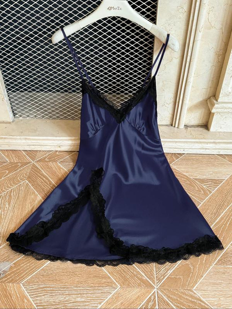 Women'S Contrast Lace Split Thigh Satin Cami Nightdress, Bride'S Nightgown, Elegant Criss Cross Backless Nightgown, Women'S Summer Sleepwear, Summer Outfits 2024, National Day Offers