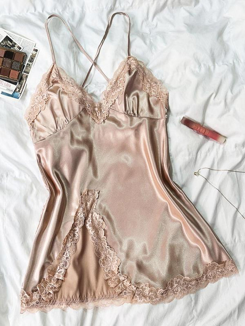 Women'S Contrast Lace Split Thigh Satin Cami Nightdress, Bride'S Nightgown, Elegant Criss Cross Backless Nightgown, Women'S Summer Sleepwear, Summer Outfits 2024, National Day Offers