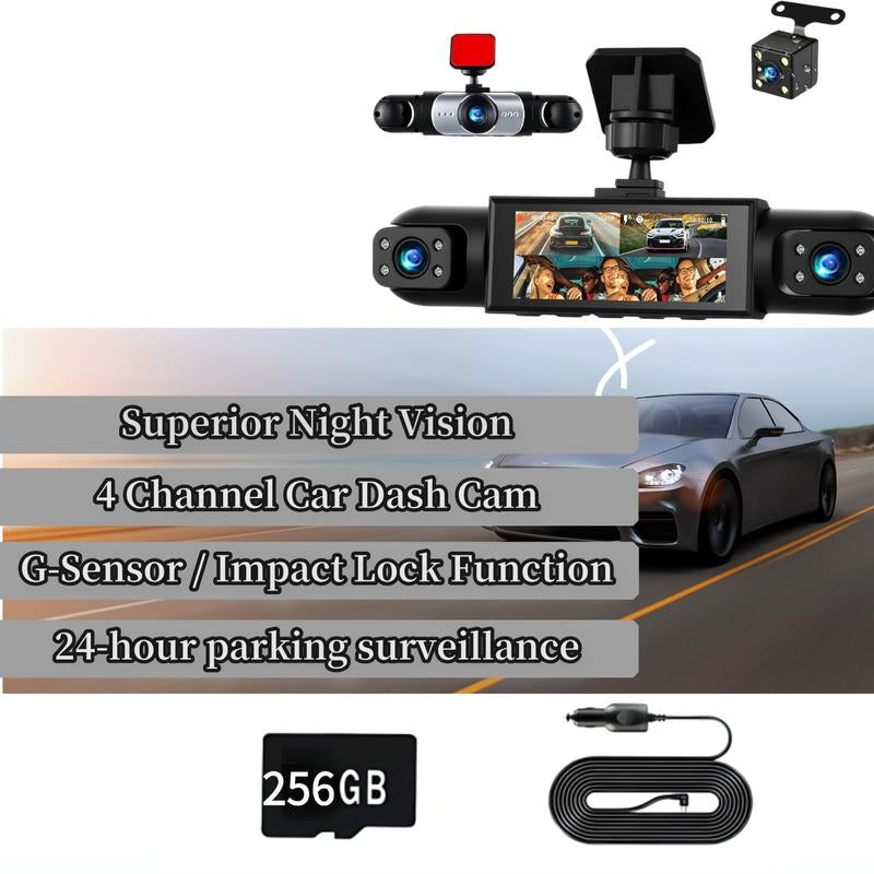 LASATE Full HD Four-Channel Dash Cam-1080P Car DVR with 256GB Memory Card