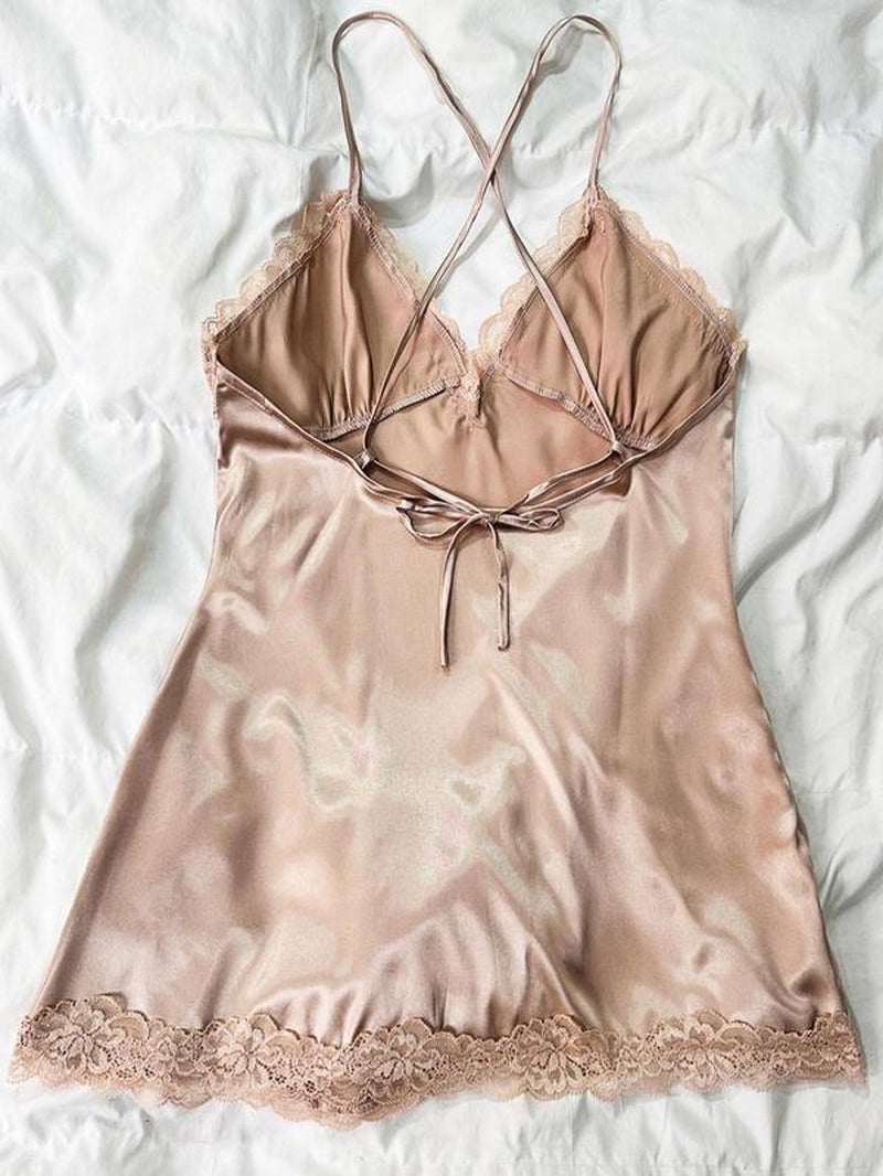 Women'S Contrast Lace Split Thigh Satin Cami Nightdress, Bride'S Nightgown, Elegant Criss Cross Backless Nightgown, Women'S Summer Sleepwear, Summer Outfits 2024, National Day Offers