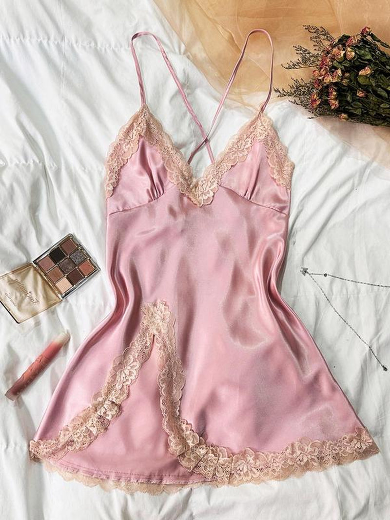 Women'S Contrast Lace Split Thigh Satin Cami Nightdress, Bride'S Nightgown, Elegant Criss Cross Backless Nightgown, Women'S Summer Sleepwear, Summer Outfits 2024, National Day Offers